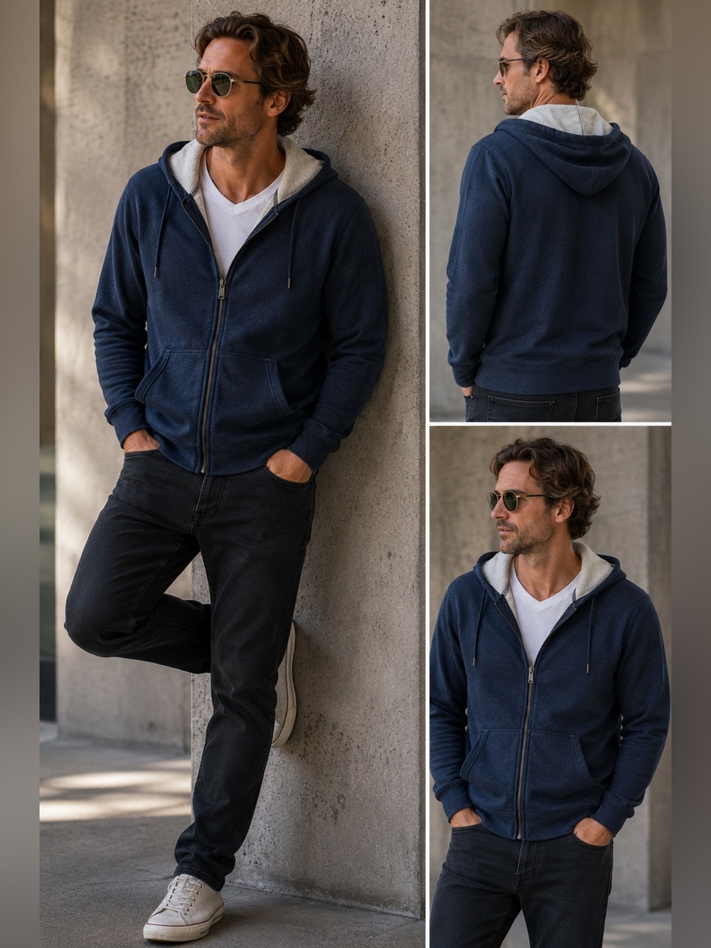 John Varvatos Navy Double Zip Jersey Hoodie Size M